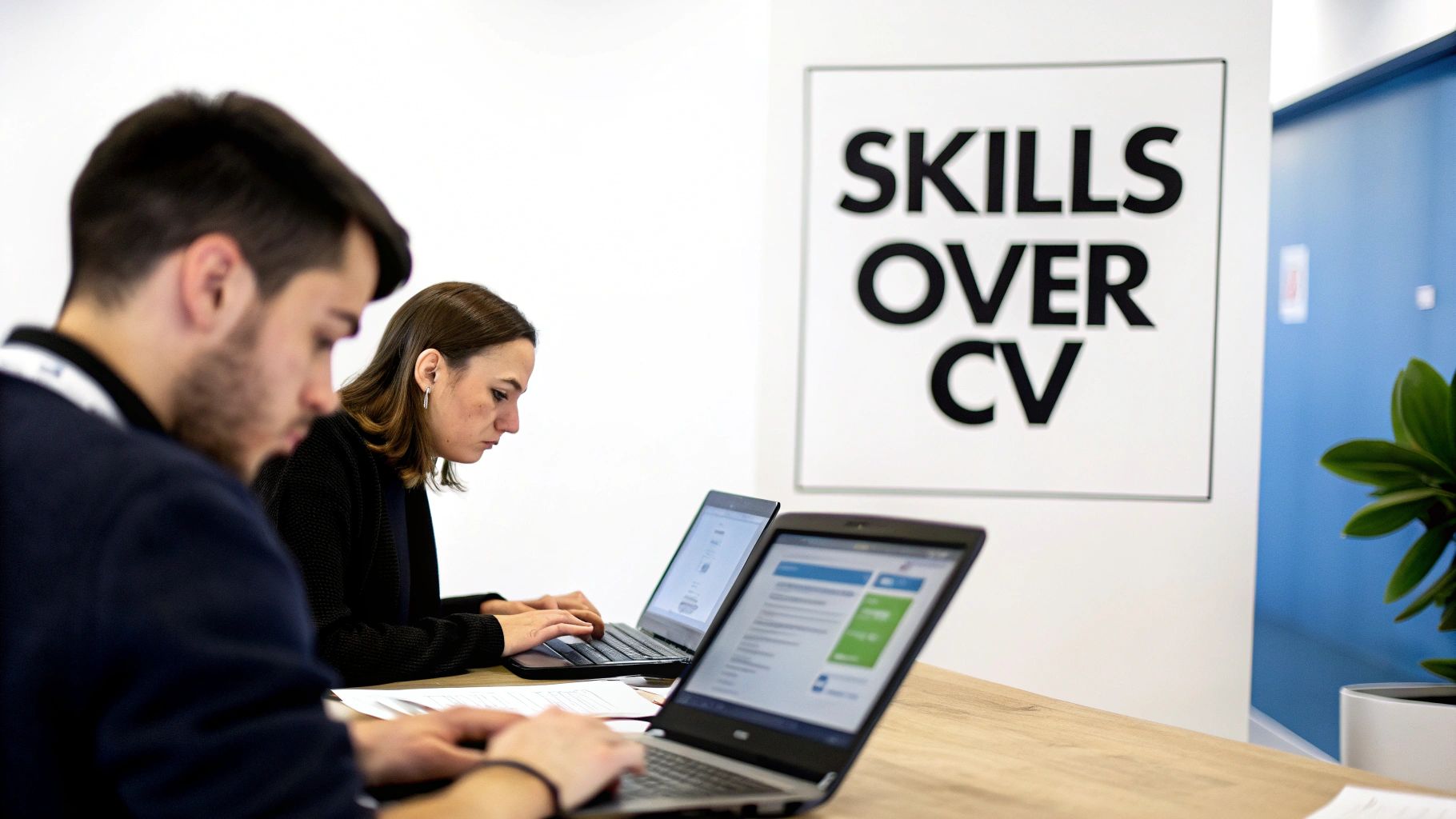 Two individuals focused on their laptops at a desk, with a 'SKILLS OVER CV' sign in the background.