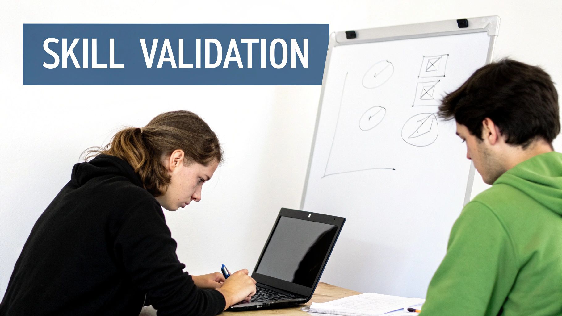 Two individuals collaborating on skill validation, using a laptop and a whiteboard.