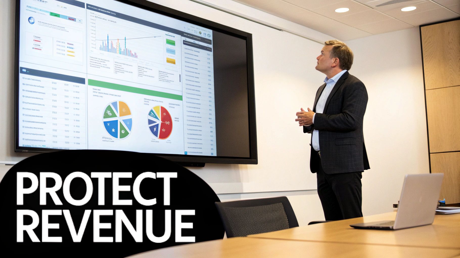 A man in a suit presents financial data and charts on a large screen in a meeting room, with text 'PROTECT REVENUE'.