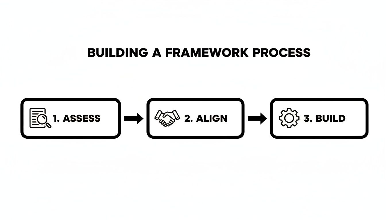 A clear three-step framework process diagram: 1. Assess, 2. Align, and 3. Build with corresponding icons.