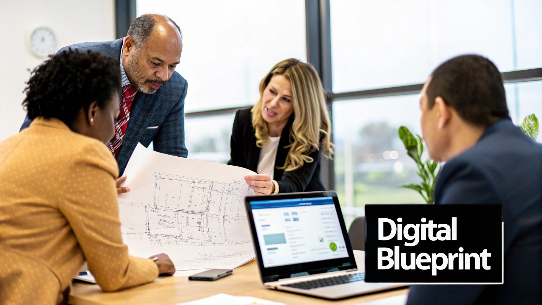 Business professionals analyze a digital blueprint, reviewing plans and data on a laptop in a meeting.