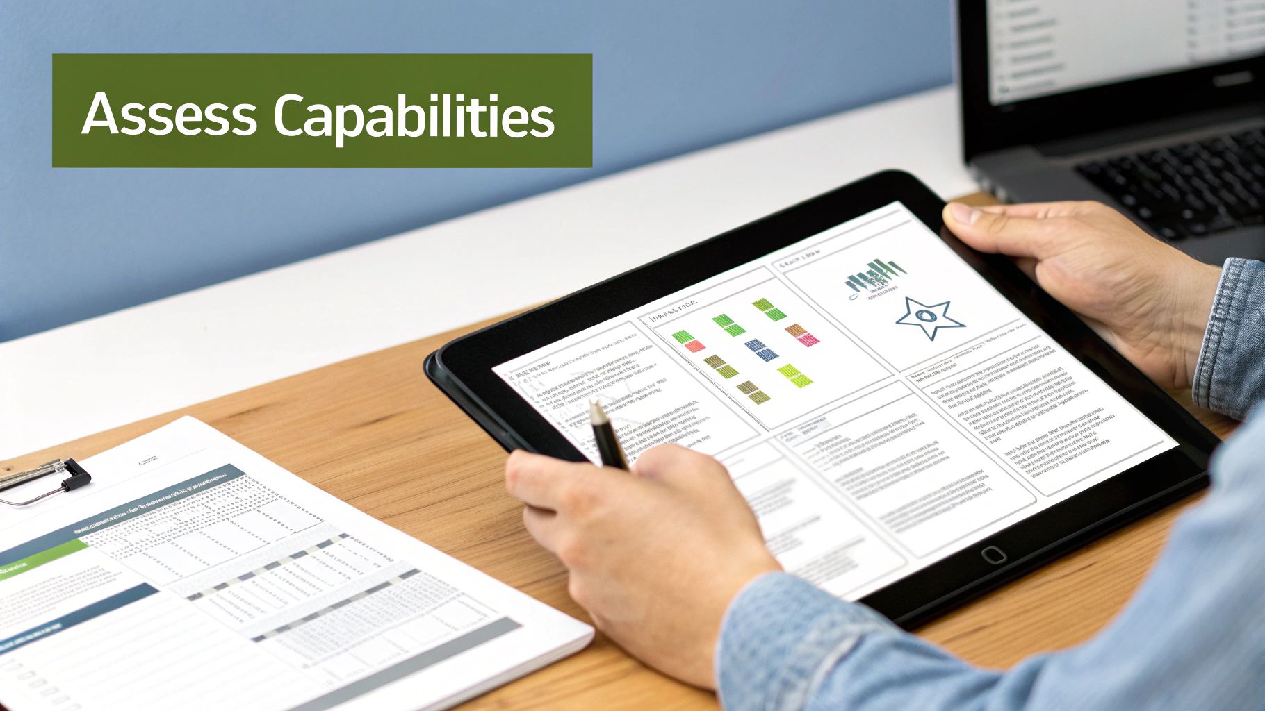 A person evaluates capabilities using a tablet displaying business charts and a document.
