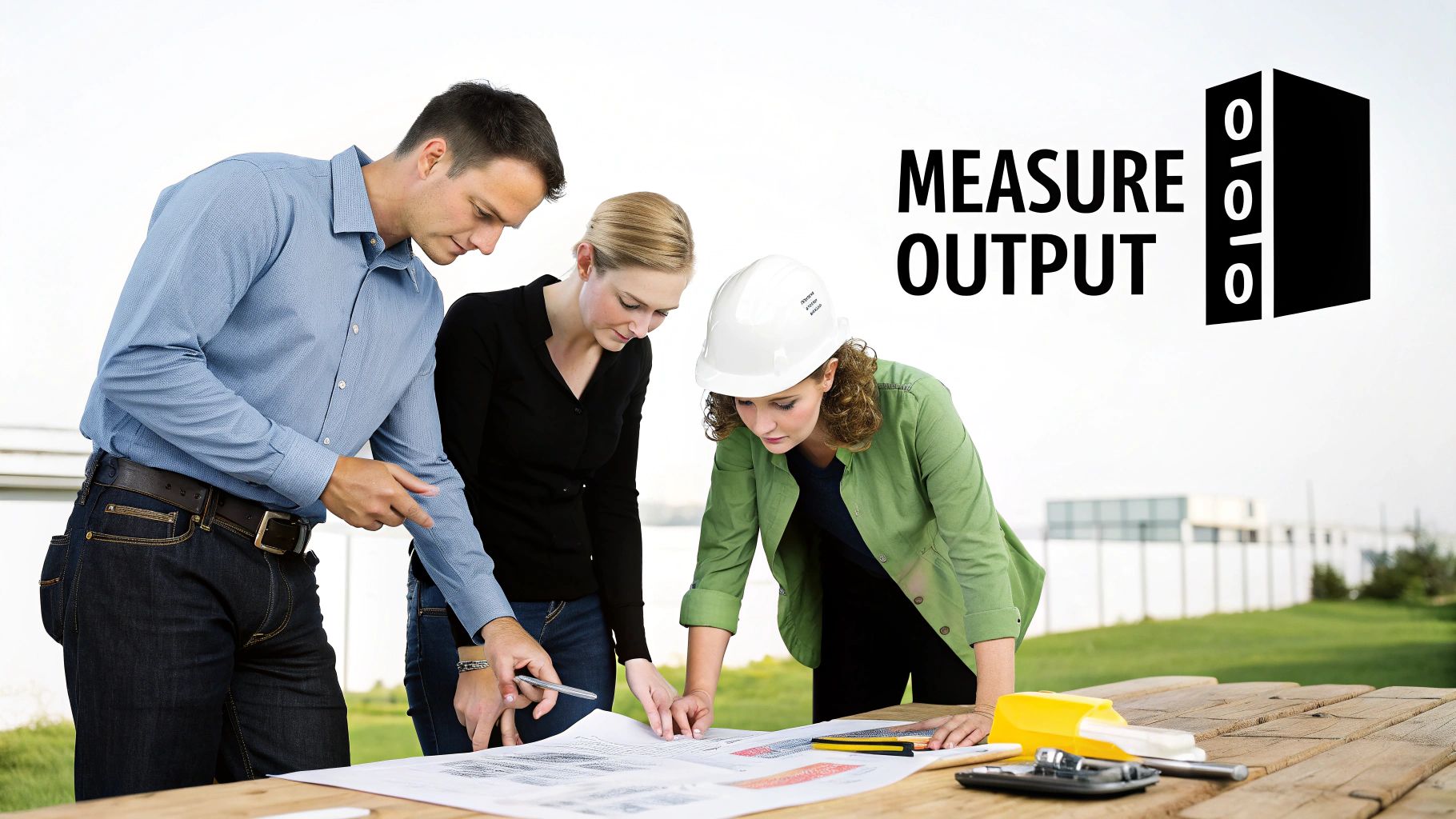 Three construction professionals review blueprints and plans on an outdoor wooden table.