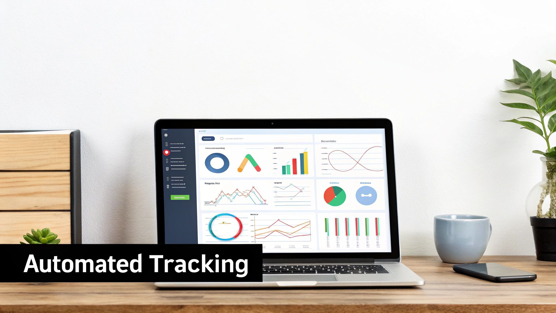Laptop on a wooden desk displays an automated tracking data dashboard with various charts and graphs.