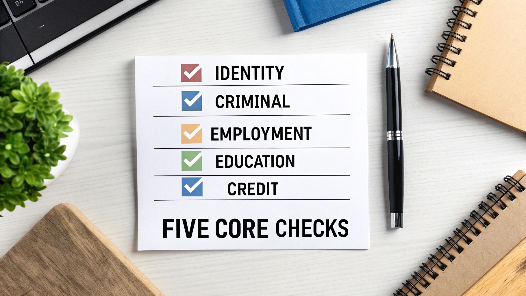 A flat lay showing a checklist of five core background checks: identity, criminal, employment, education, credit.