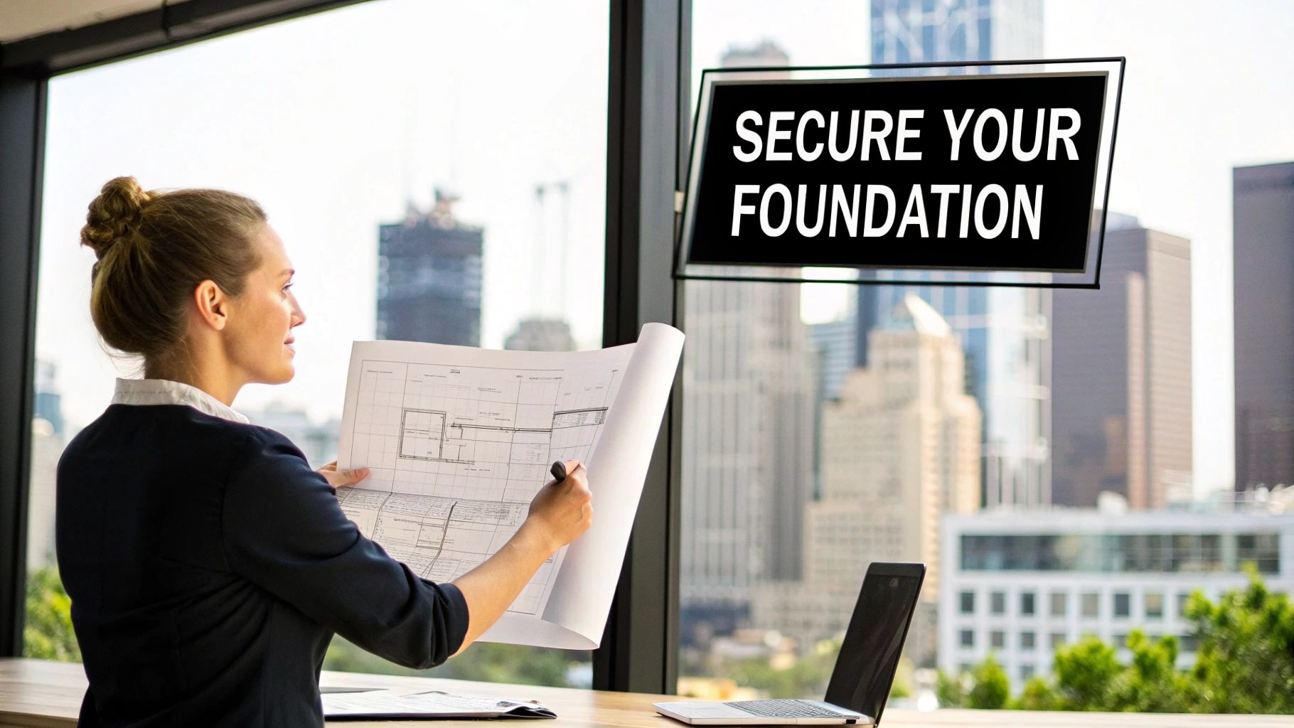 A female architect reviews blueprints in a modern office overlooking a city skyline, with a digital sign displaying 'SECURE YOUR FOUNDATION'.