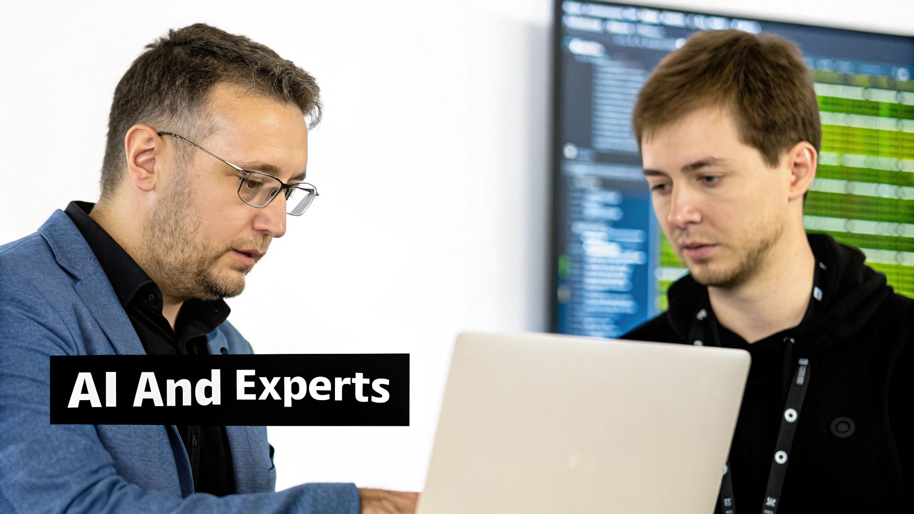 Two technology professionals collaborating and looking at a laptop, with code on screens behind them.