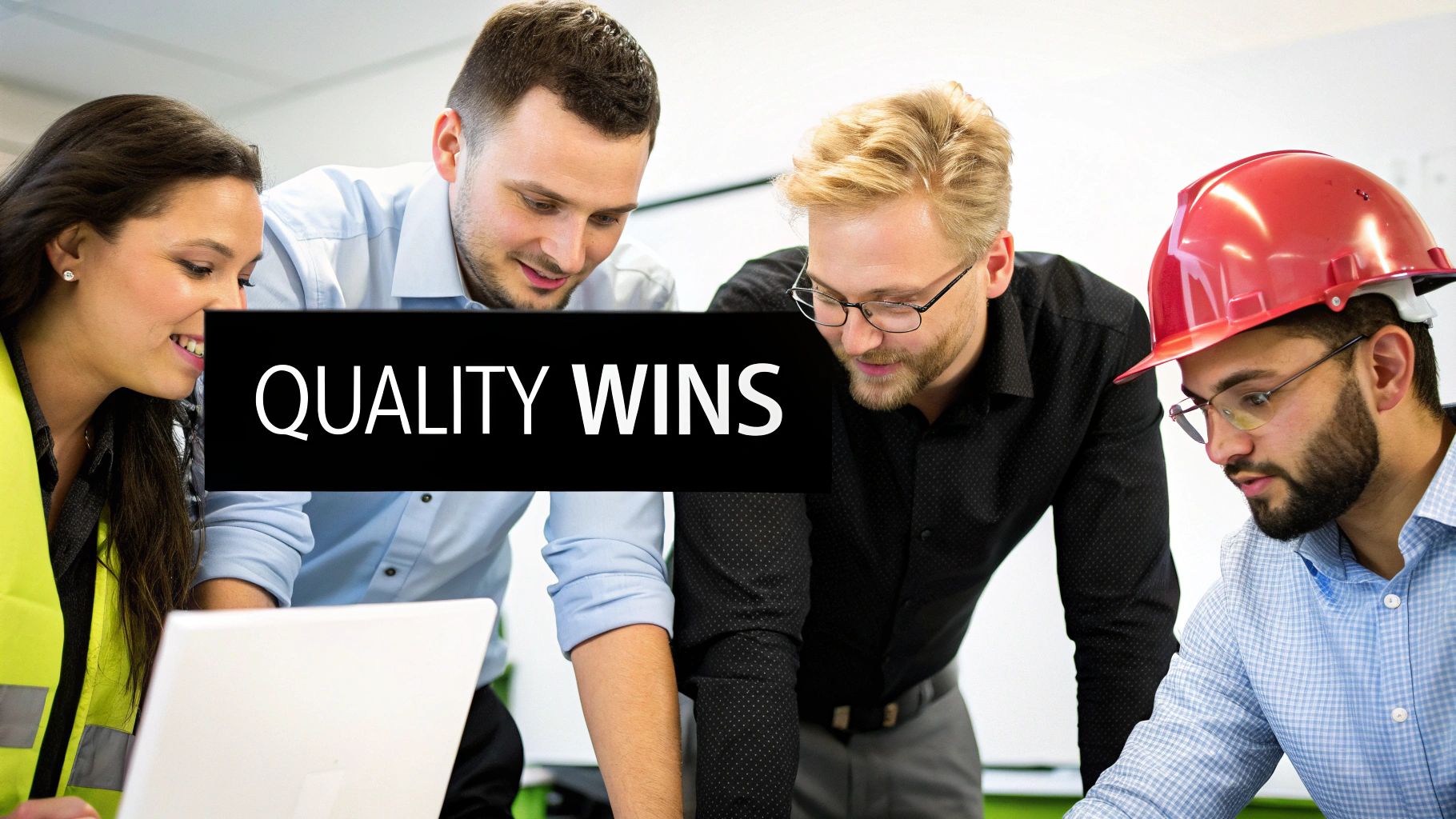 A diverse team of professionals, including construction workers, reviewing plans on a laptop with "QUALITY WINS" text.