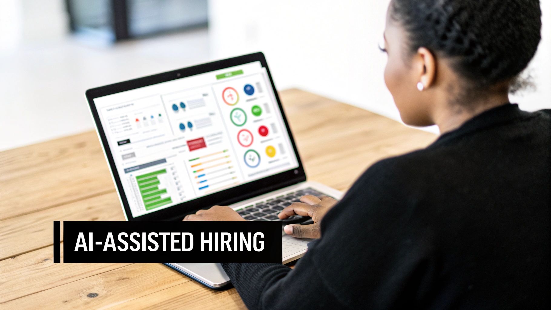 A woman analyzes AI-assisted hiring metrics and data on a laptop, optimizing recruitment.