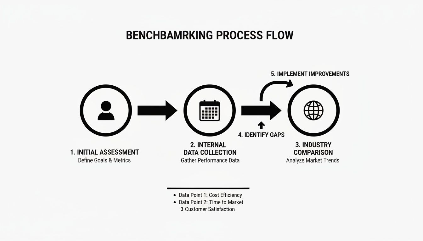 Benchmarking process flow diagram showing steps: Initial Assessment, Internal Data Collection, Industry Comparison, Identify Gaps, and Implement Improvements.