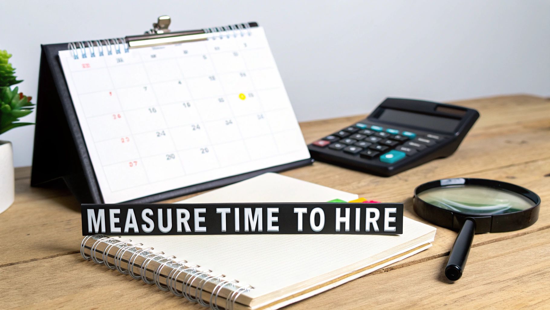 A desk with a calendar, calculator, magnifying glass, and a sign saying 'MEASURE TIME TO HIRE' on a notebook.