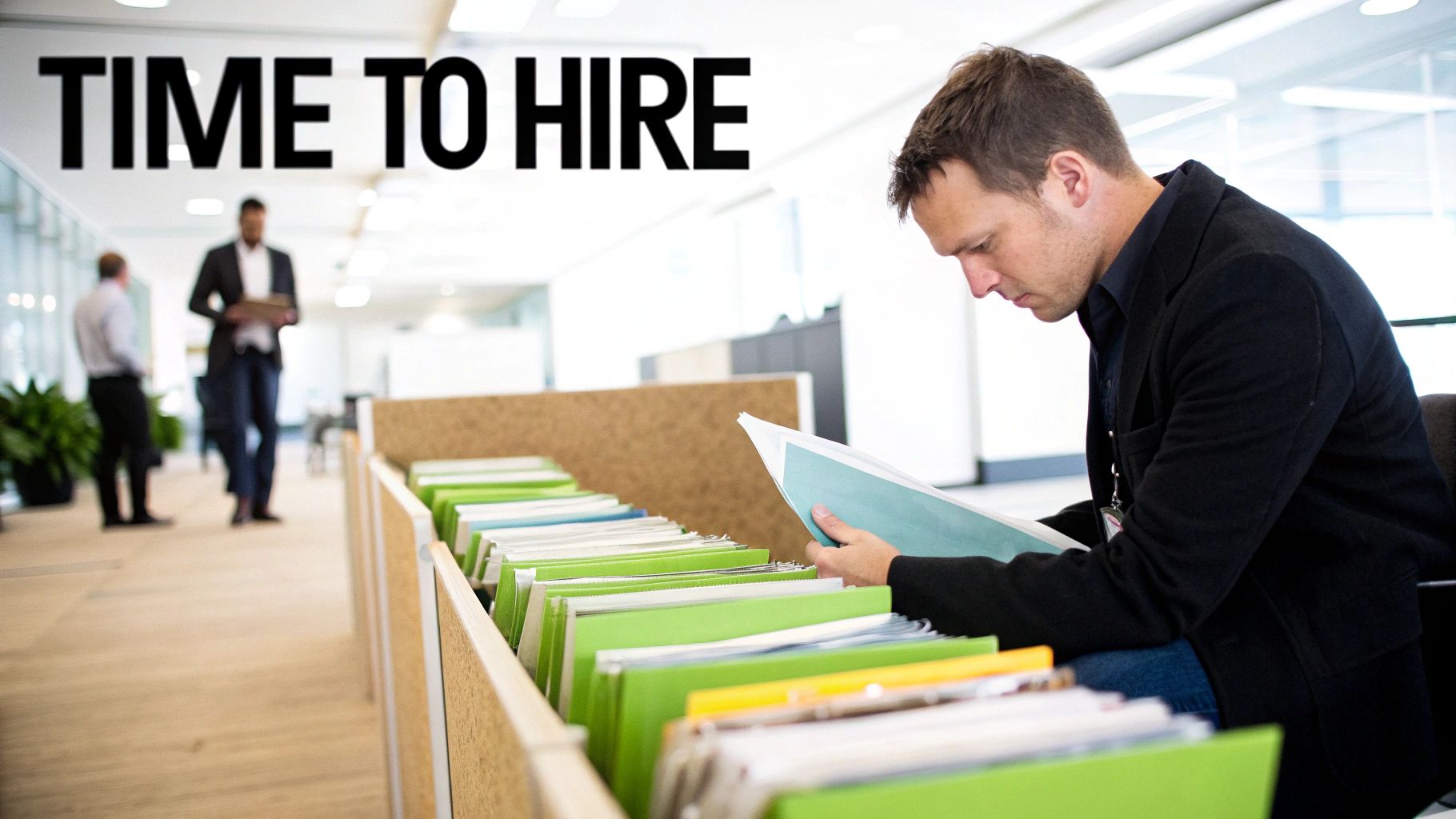 A man reviews job applications from green files in a bright office with 'TIME TO HIRE' text.