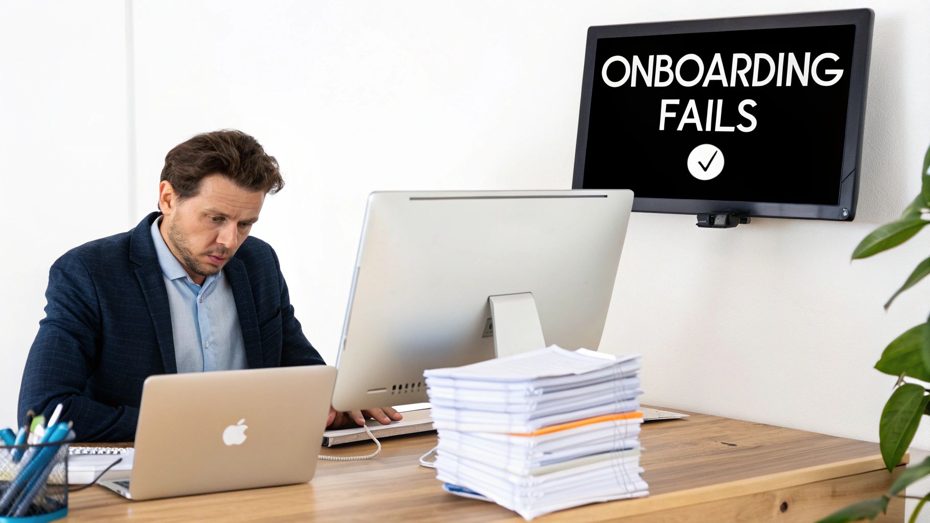 Man at desk with laptop, papers, and screen displaying 'ONBOARDING FAILS', indicating a process failure.