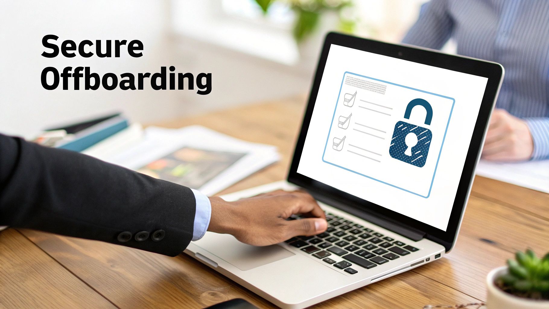 A person typing on a laptop displaying 'Secure Offboarding' text and a secure padlock icon.
