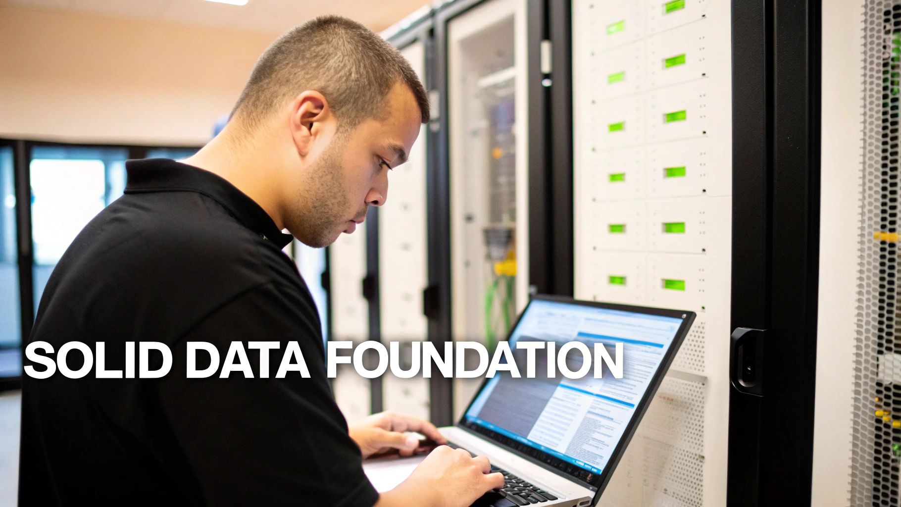 A man in a black shirt working on a laptop in a server room with data racks, symbolizing a solid data foundation.
