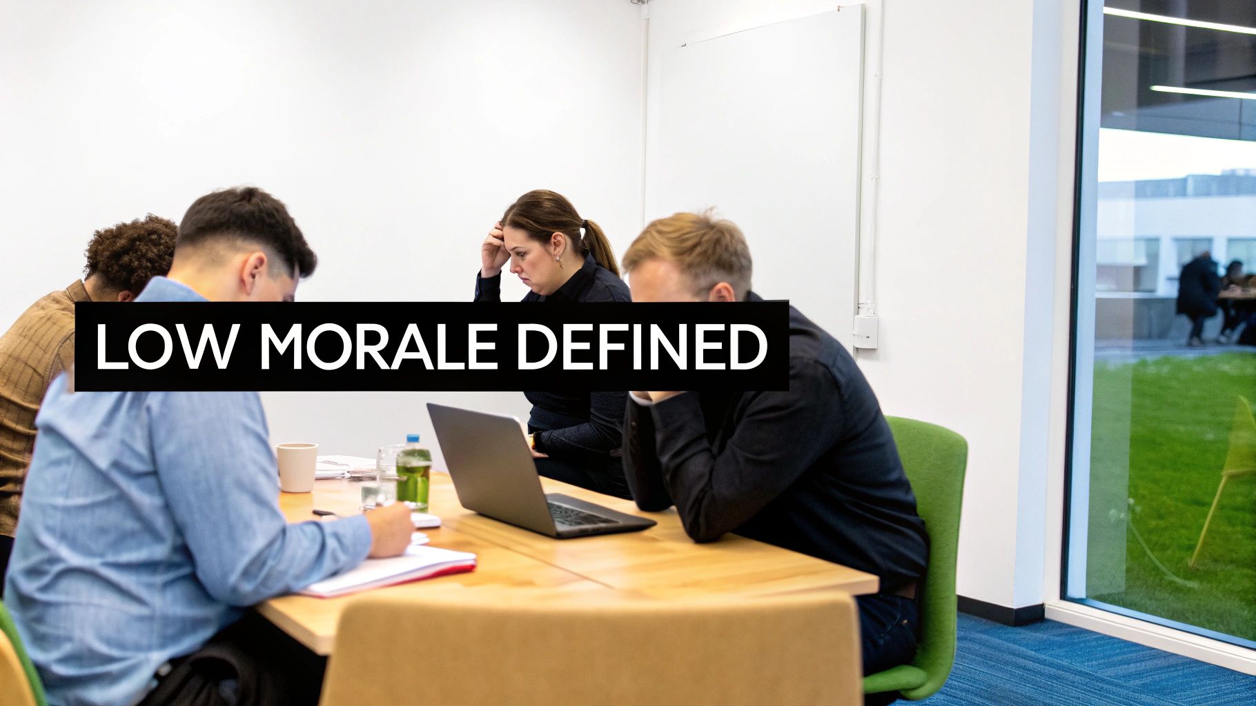 A team of employees looking stressed and disengaged in a meeting, representing low morale.