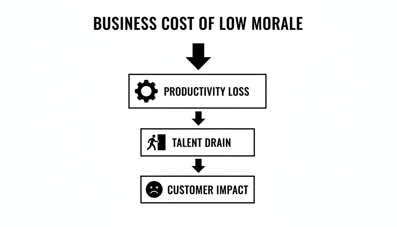 Flowchart illustrating the business costs of low morale, leading to productivity loss, talent drain, and customer impact.