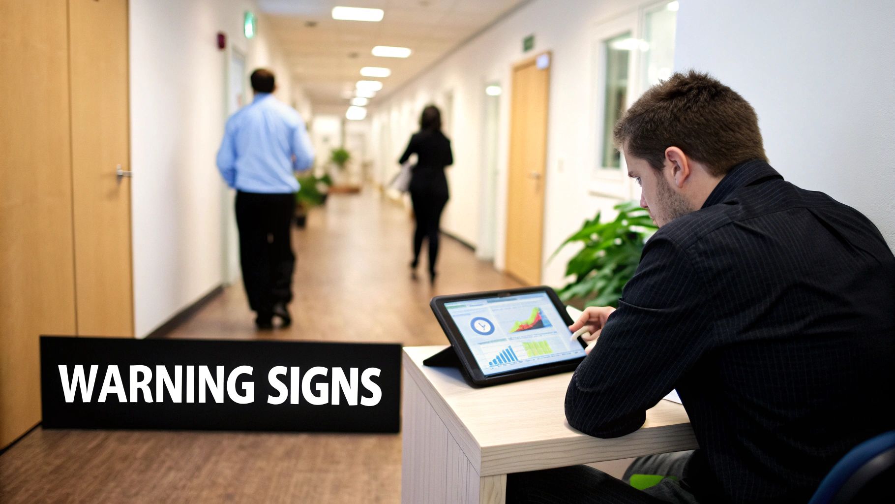 A man analyzes data on a tablet in an office hallway, with a 'WARNING SIGNS' label.