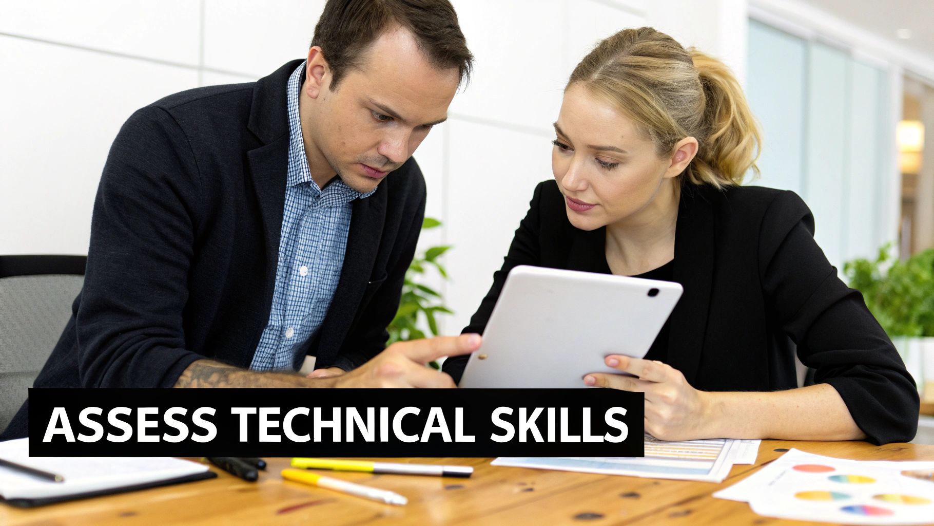 Two professionals looking intently at a tablet, discussing information, likely for a skill assessment or interview.