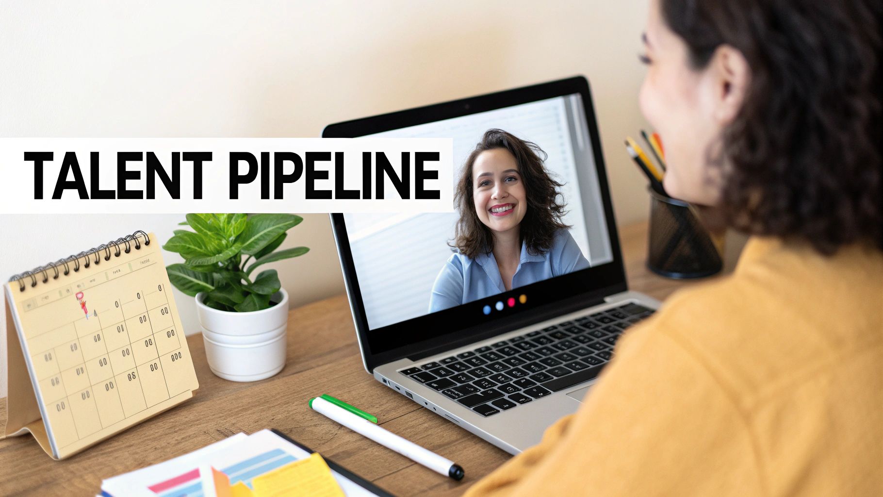 A person views a smiling woman on a laptop screen during a video call, with 'TALENT PIPELINE' text overlay.