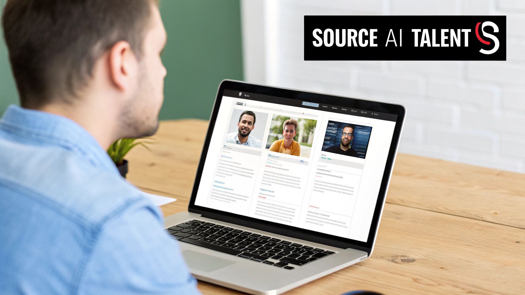 A person views AI talent profiles on a laptop, with the 'SOURCE AI TALENTS' logo visible.
