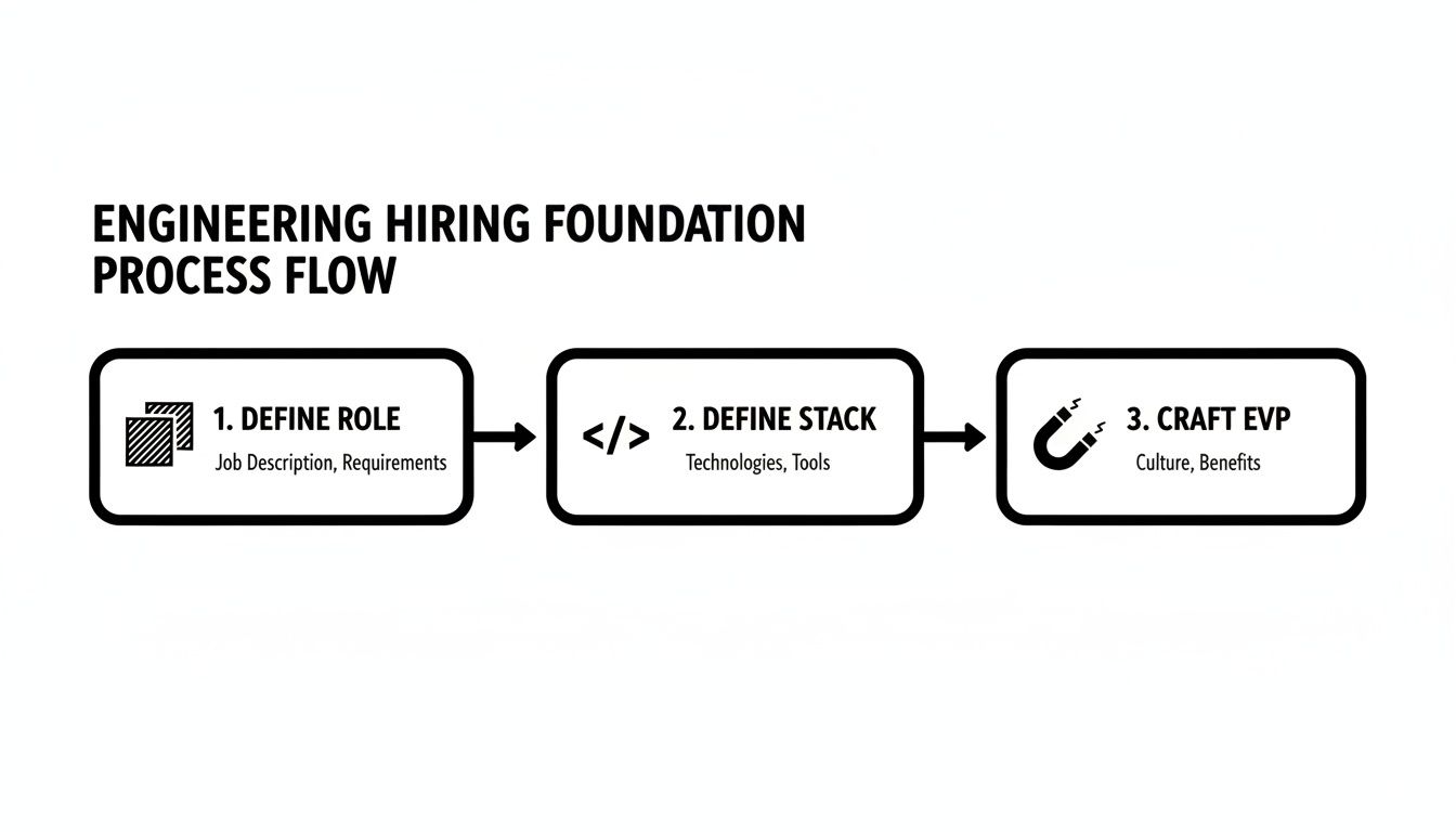 Diagram illustrating the engineering hiring foundation process: define role, define stack, and craft EVP.
