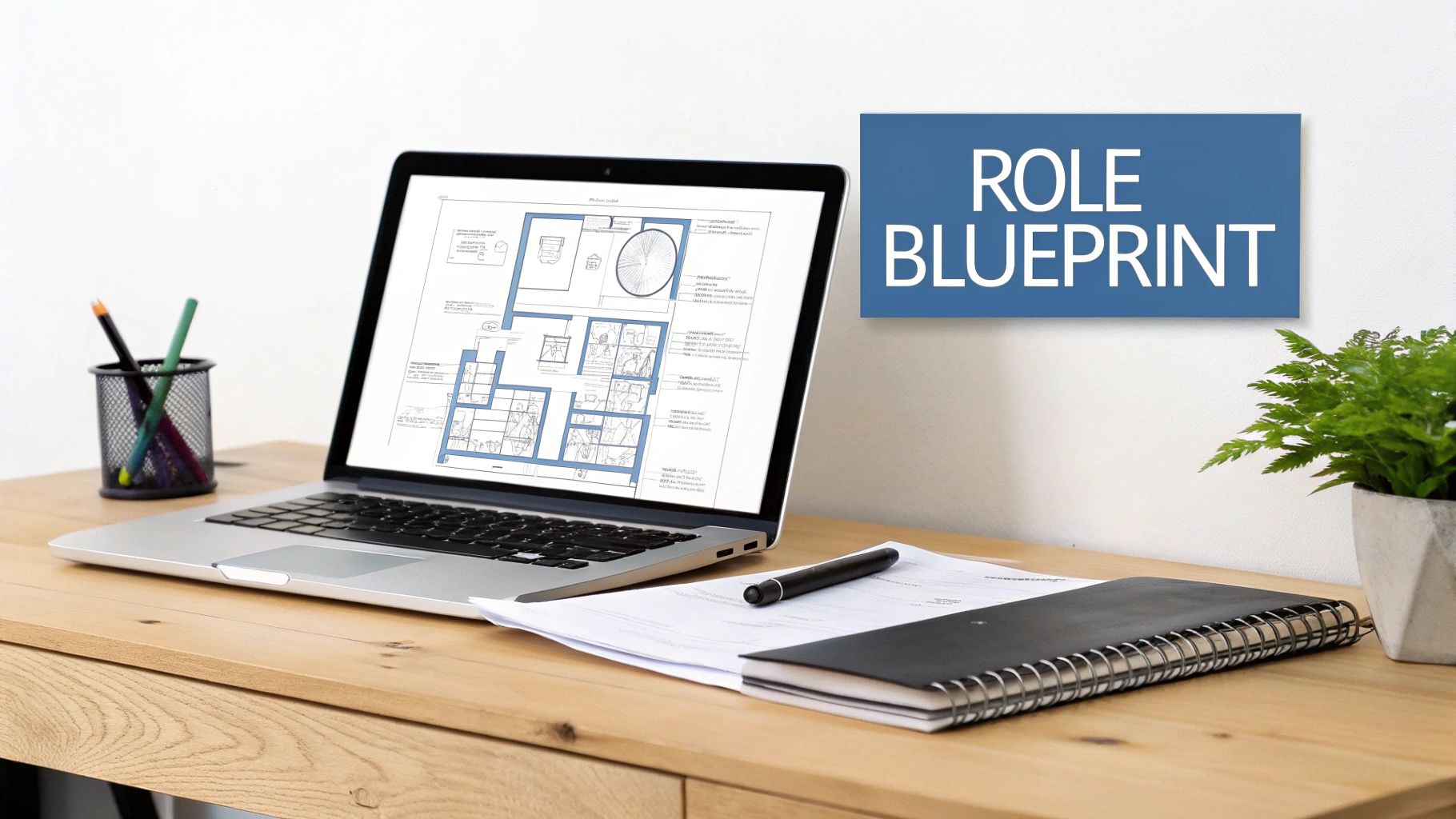 A laptop displaying a blueprint on a wooden desk with a notebook, pen, and a 'ROLE BLUEPRINT' sign.