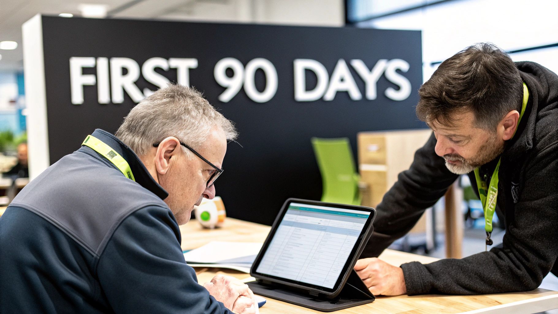 Two professionals collaborate, reviewing data on a tablet with a 'FIRST 90 DAYS' wall sign.