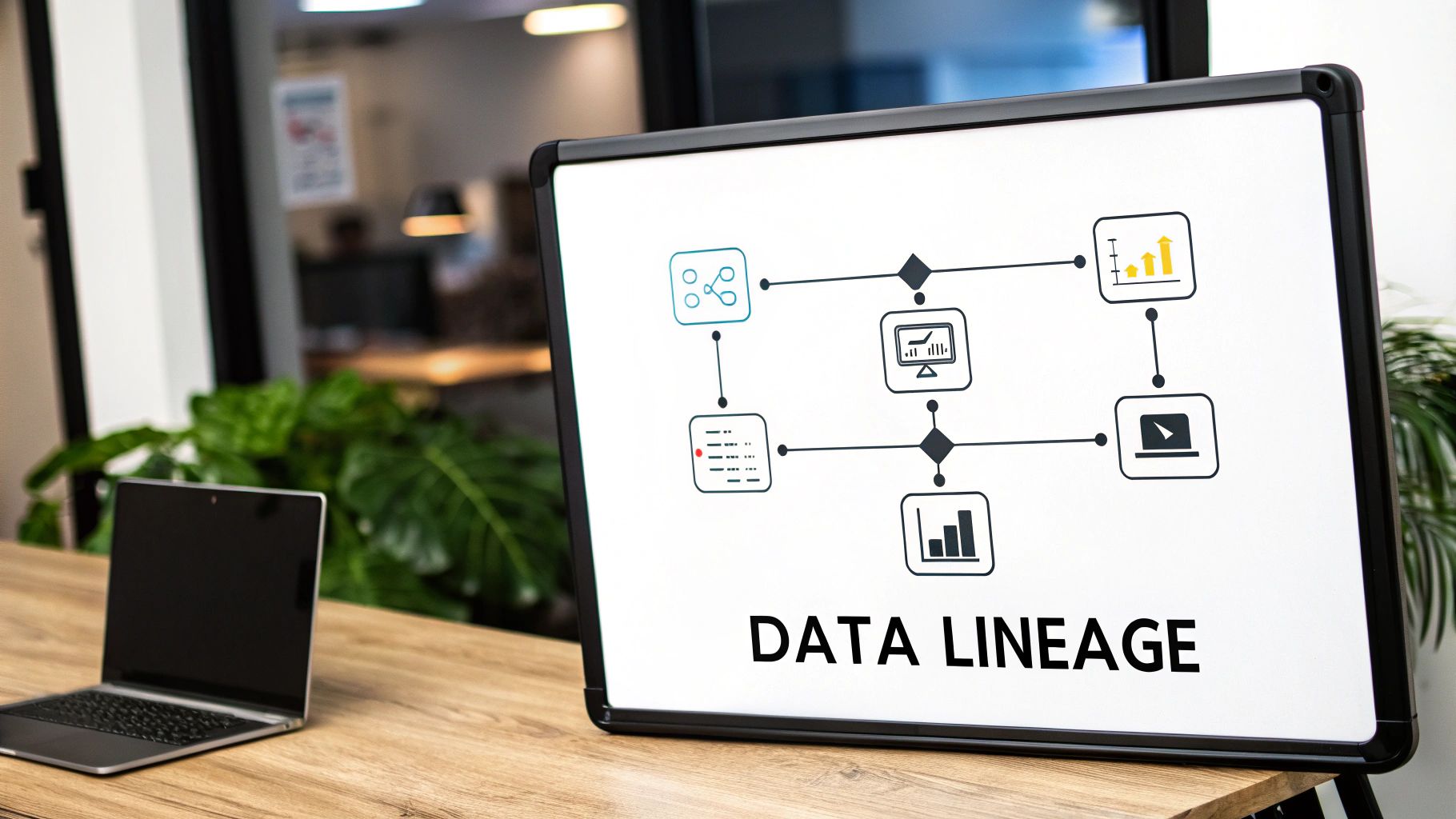 A whiteboard displays a data lineage diagram with various icons and text, alongside a laptop on a desk.