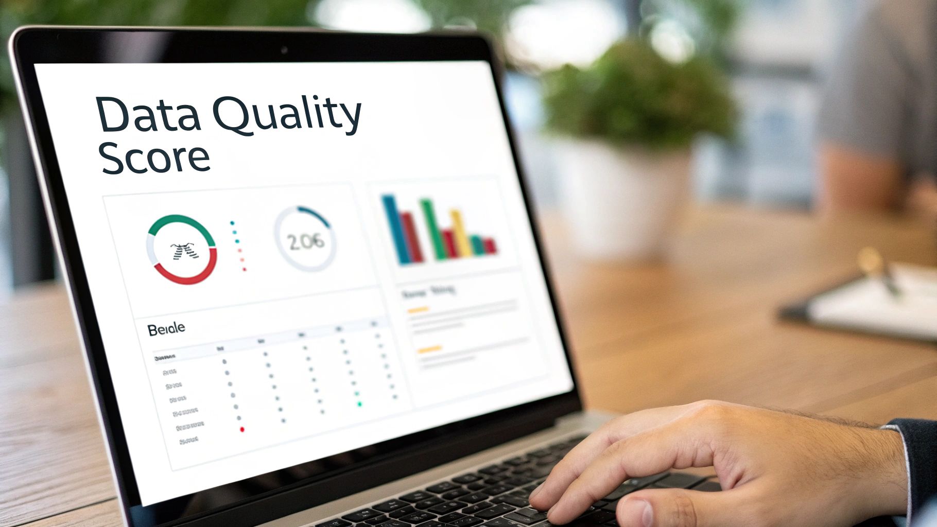 Person typing on a laptop displaying a 'Data Quality Score' dashboard with charts and a table.