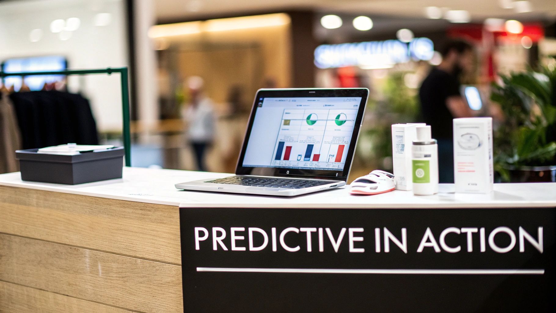 A laptop displaying data analytics and charts on a counter with a 'PREDICTIVE IN ACTION' sign.