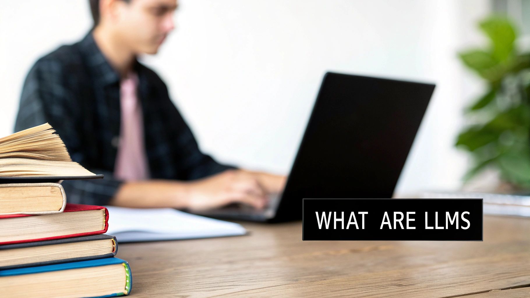 A person typing on a laptop next to a stack of books, with a sign reading 'WHAT ARE LLMS' on a wooden desk.