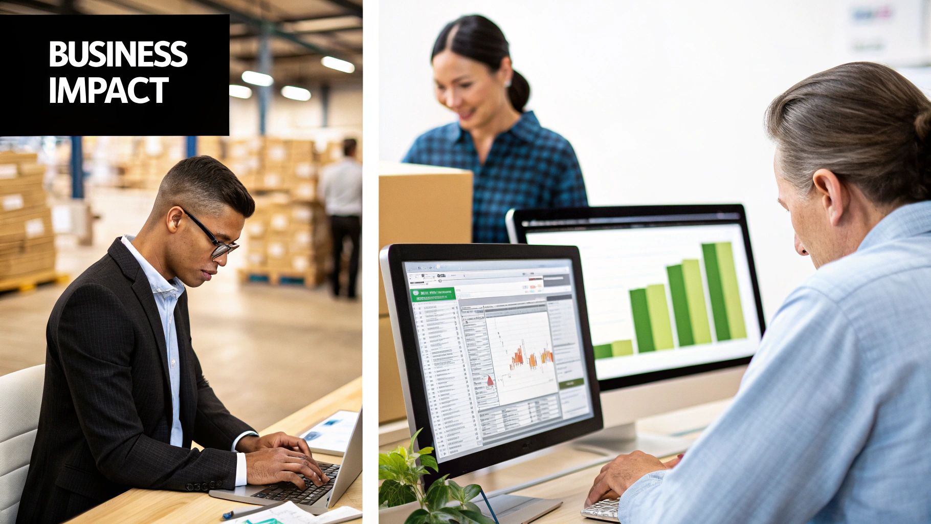 Professionals analyze business data on laptops and computers in a warehouse and office setting.