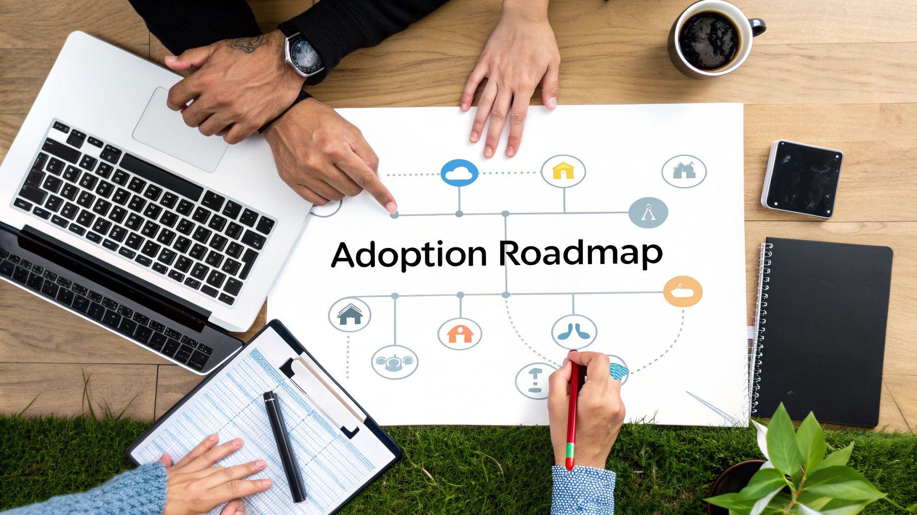 Overhead view of four people collaborating on a strategic 'Adoption Roadmap' document on a desk.