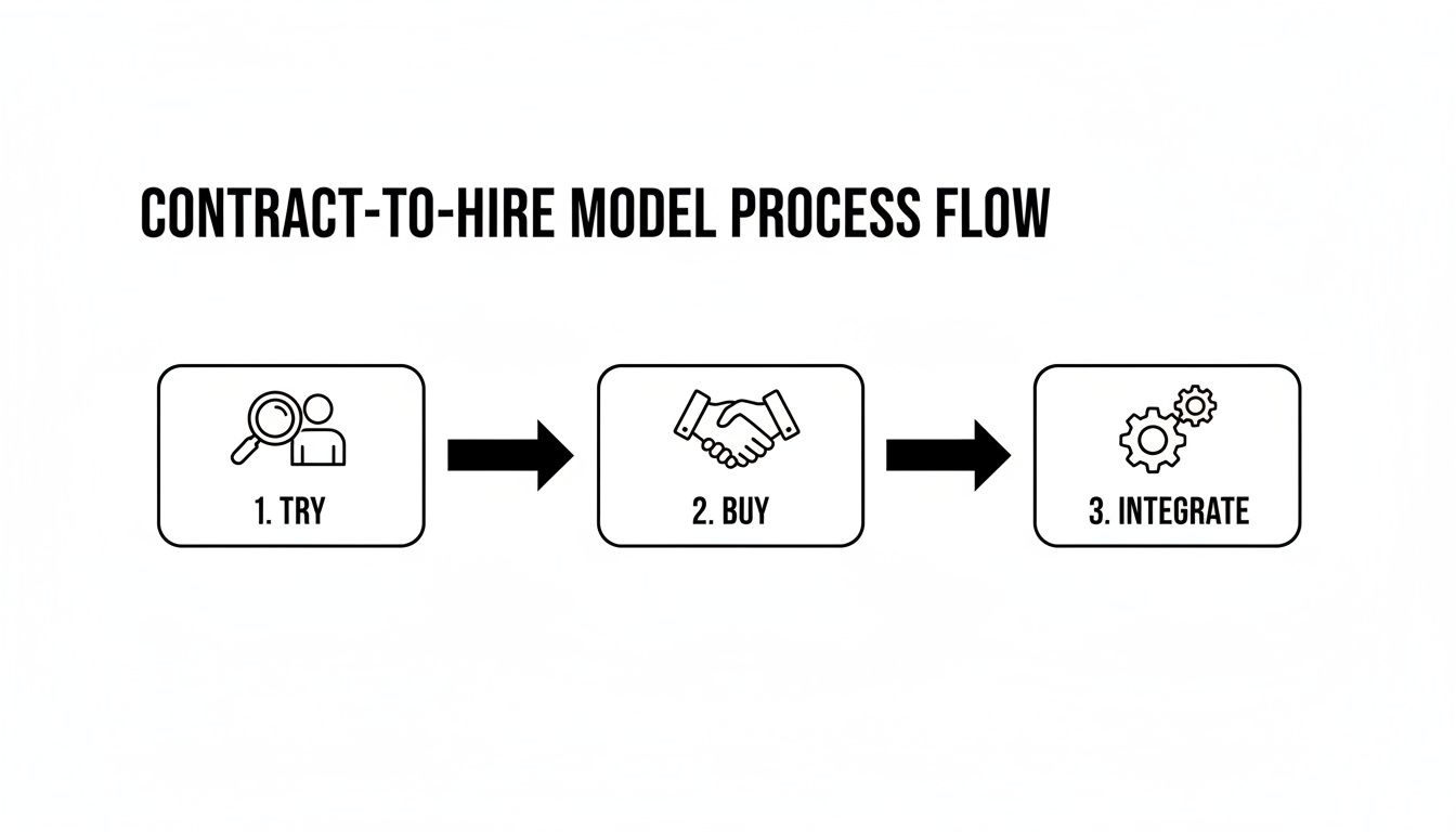 A diagram illustrating the contract-to-hire model process flow with three steps: Try, Buy, and Integrate.