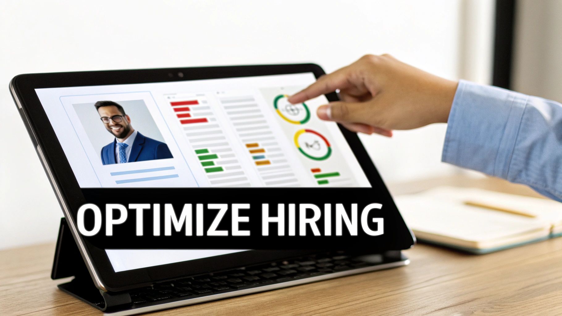 A person's hand touches a tablet displaying a professional profile and hiring optimization data.