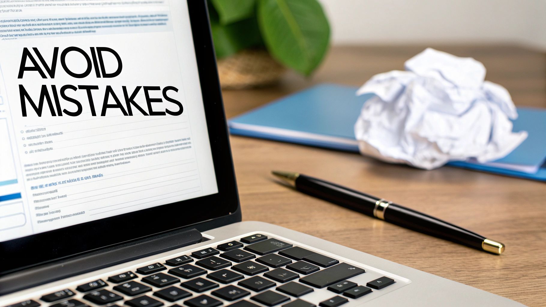 Laptop screen displaying 'AVOID MISTAKES' alongside a crumpled paper and pen, symbolizing correction.