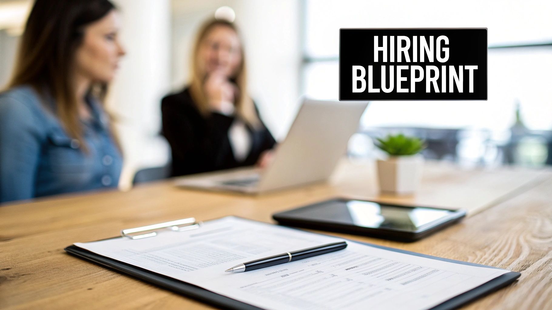 Two women in an office with a clipboard, laptop, and a sign saying 'HIRING BLUEPRINT'.