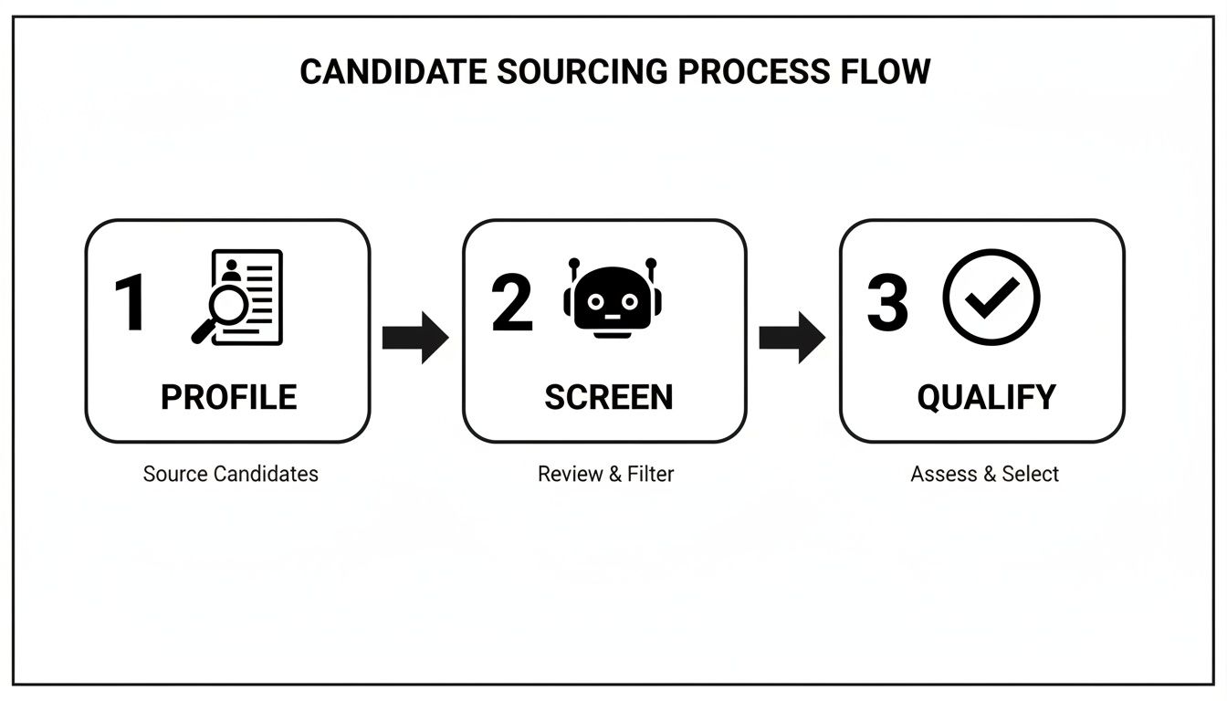 A flow chart illustrating the three-step candidate sourcing process: profile, screen, and qualify.