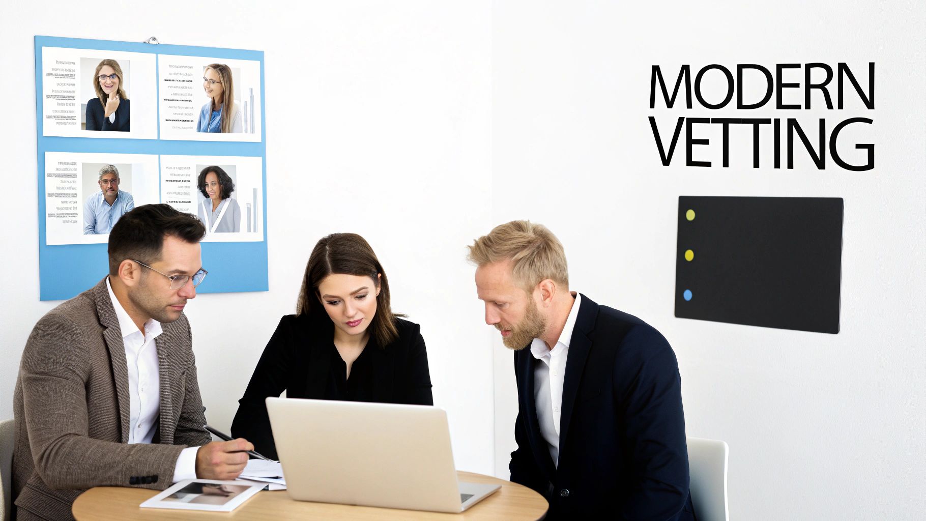 Three business professionals review documents and a laptop, with a wall display showing candidate profiles and 'MODERN VETTING' text.