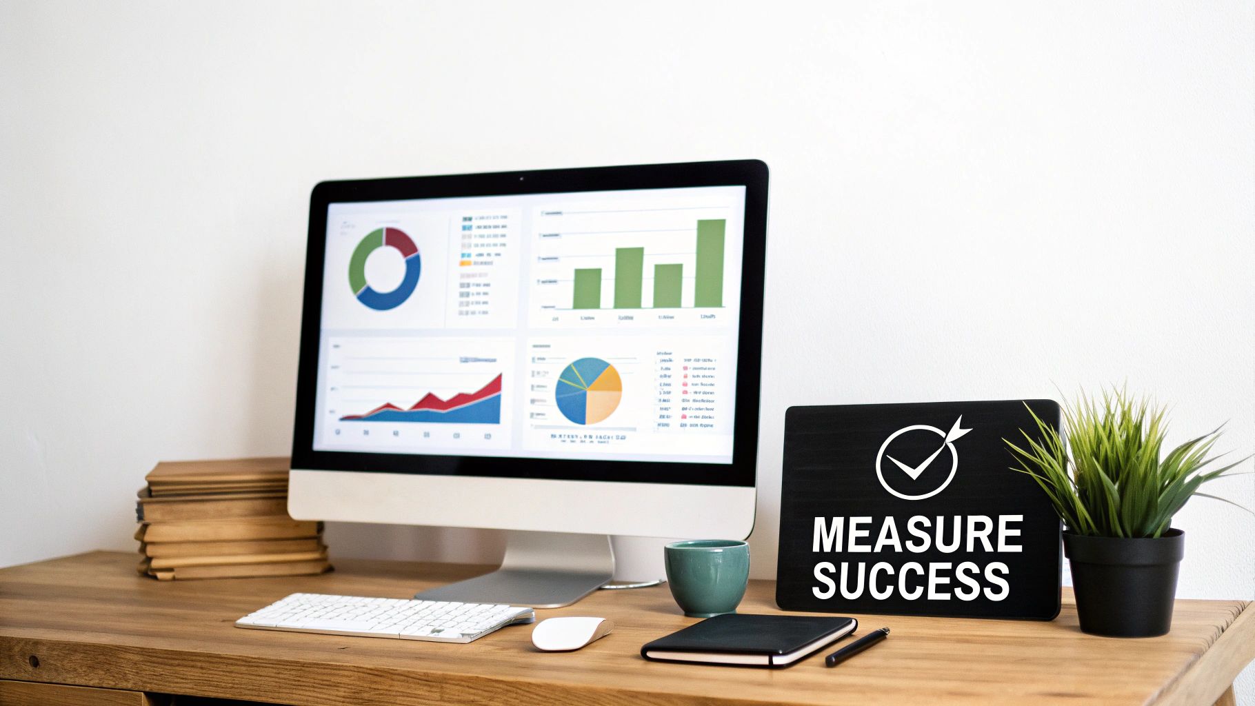 A modern desk with a computer displaying data charts, a 'Measure Success' sign, and a plant.