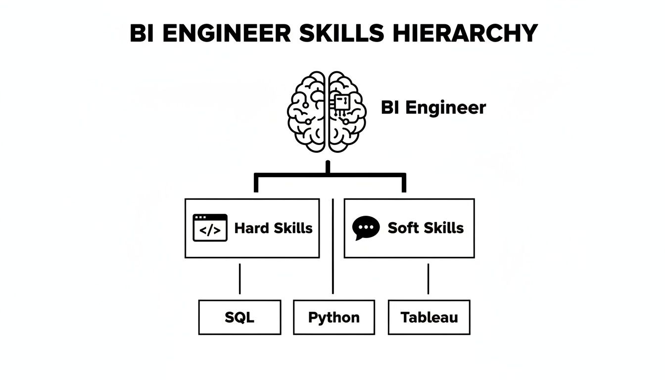 A hierarchy chart illustrating BI Engineer skills, categorizing them into hard skills like SQL and Python, and soft skills like Tableau.