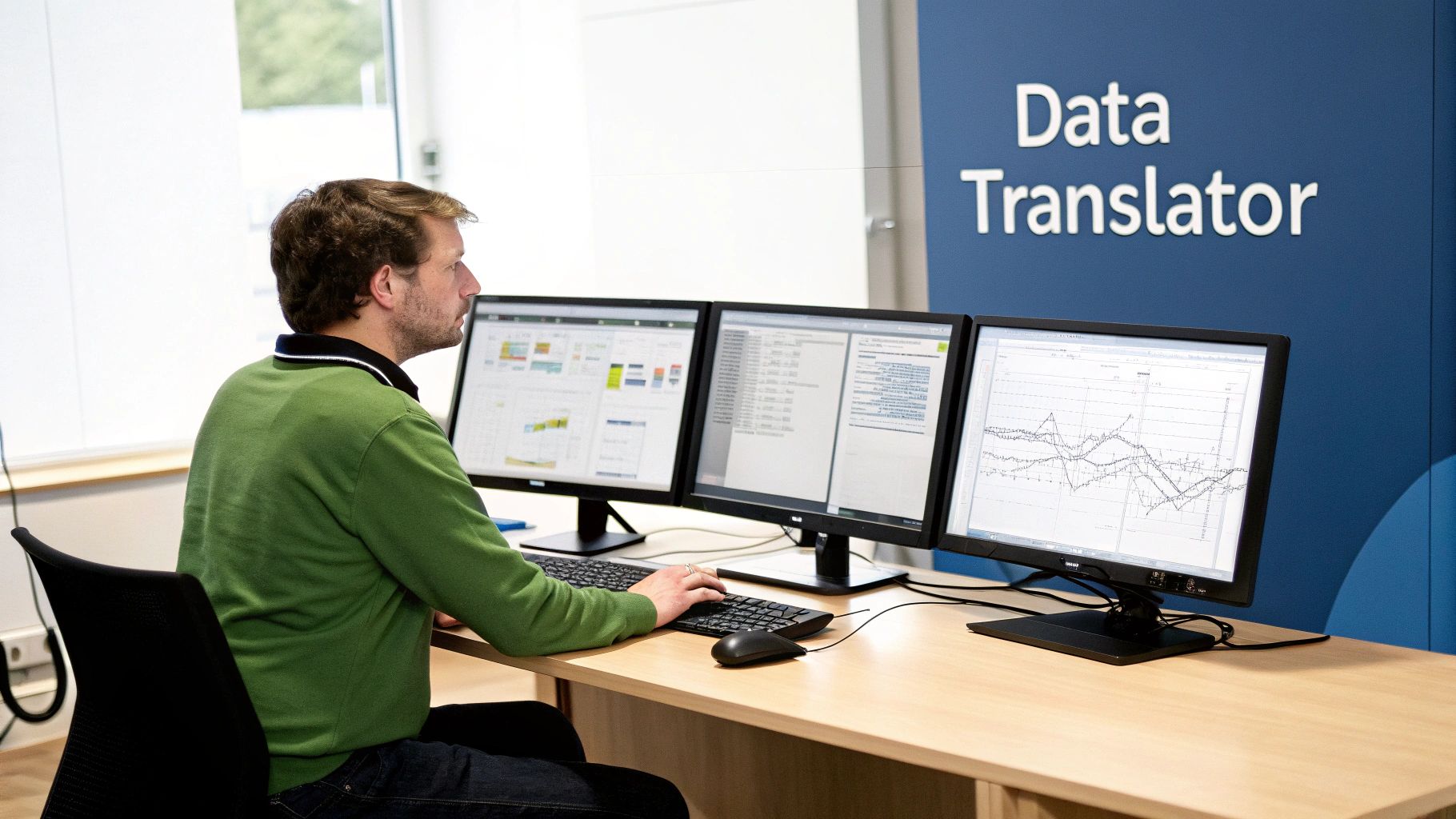 A male data translator works at a desk with three computer screens showing data and charts.