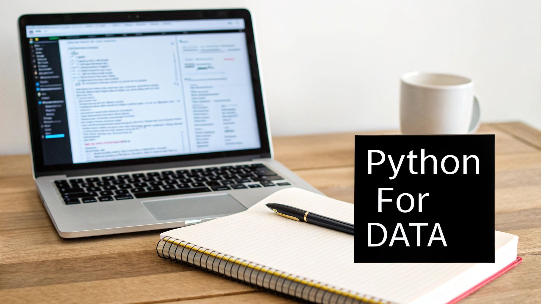 A laptop, notebook with a pen, and coffee mug on a desk, with 'Python For DATA' text overlay.
