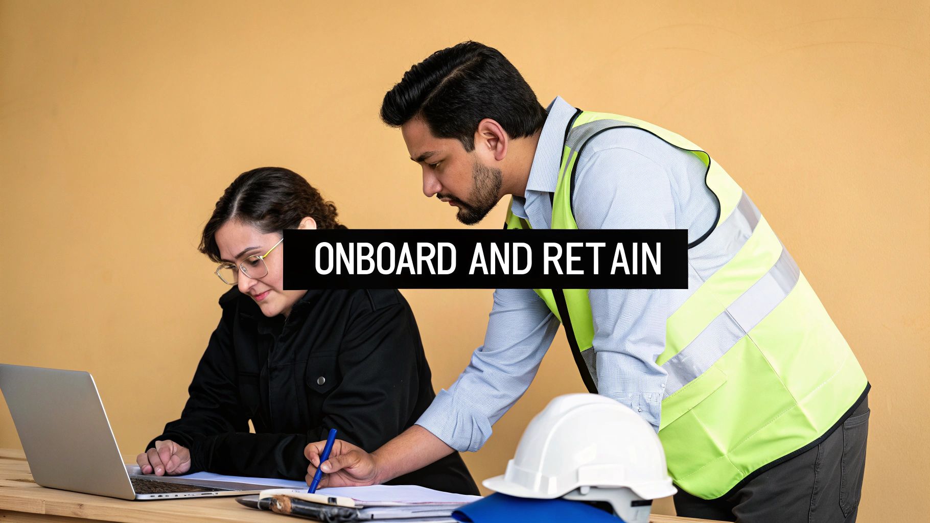 Two professionals, one in a safety vest, collaborating on a laptop and paperwork with a hard hat nearby.