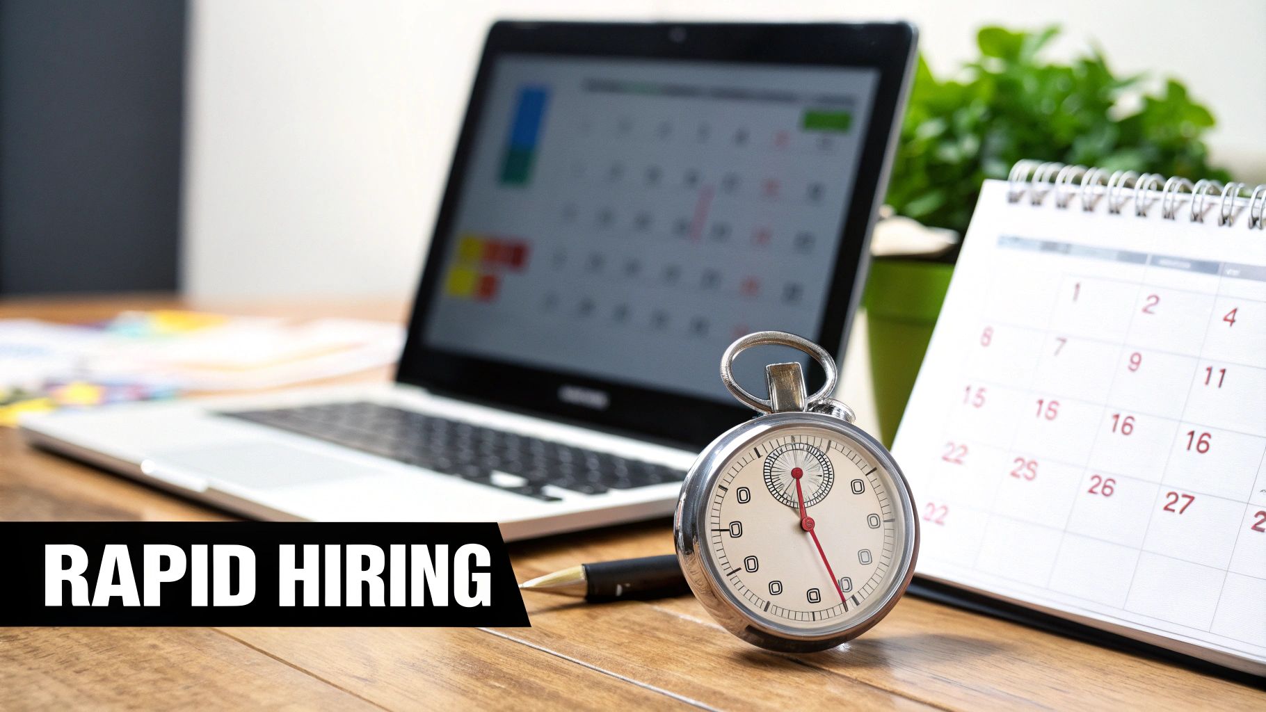 A desk with a laptop showing a calendar, a stopwatch, a physical calendar, and a 'RAPID HIRING' banner.