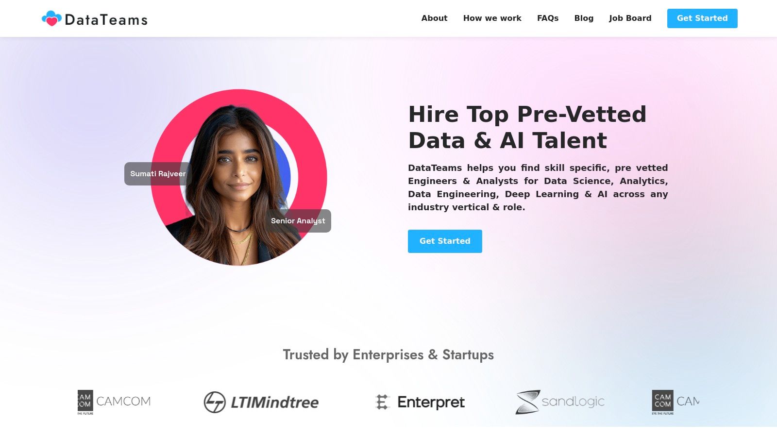 A screenshot of the DataTeams website homepage, highlighting its focus on AI talent and analyst contract jobs.