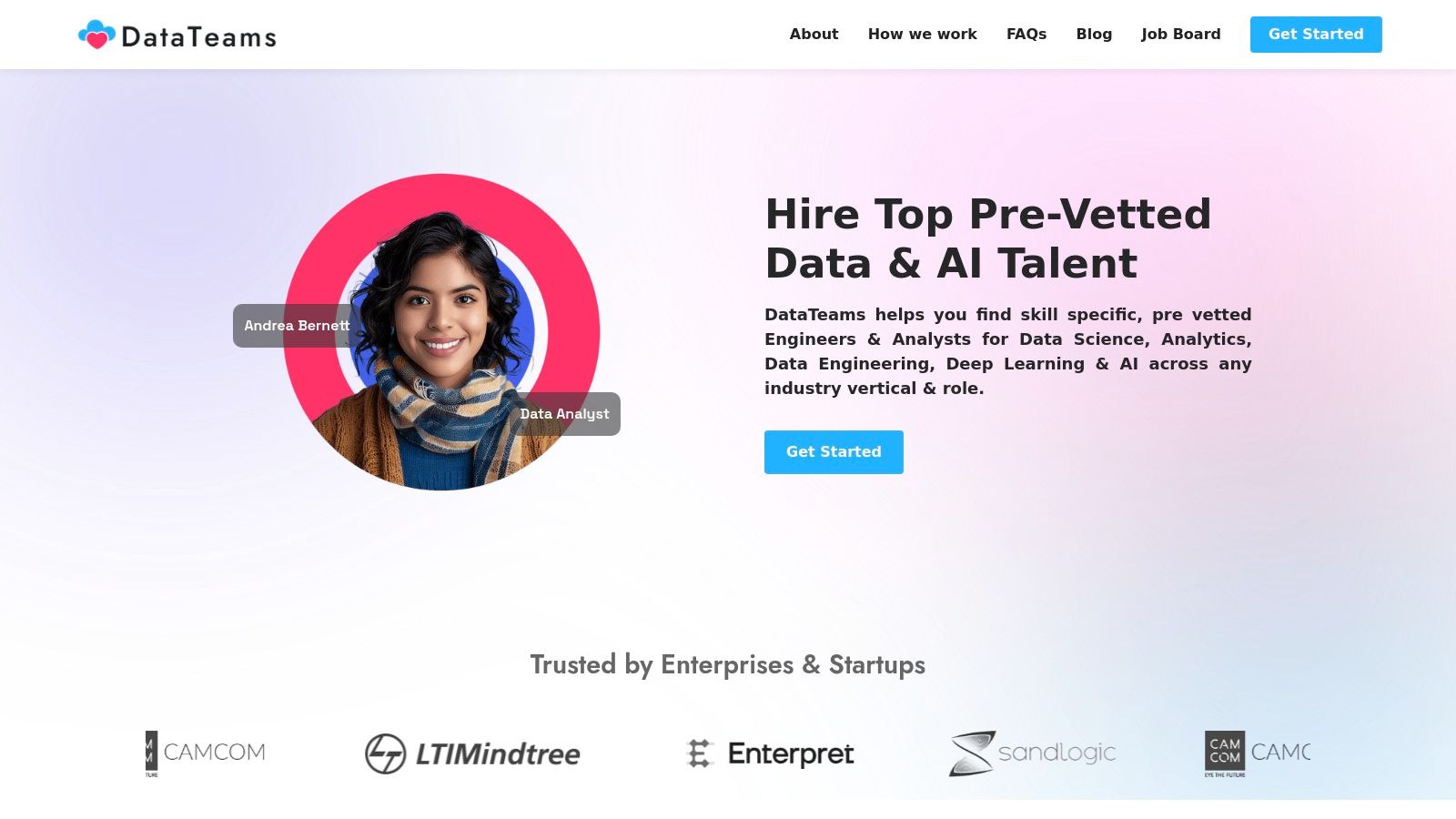 DataTeams platform showcasing its focus on data and AI recruitment.