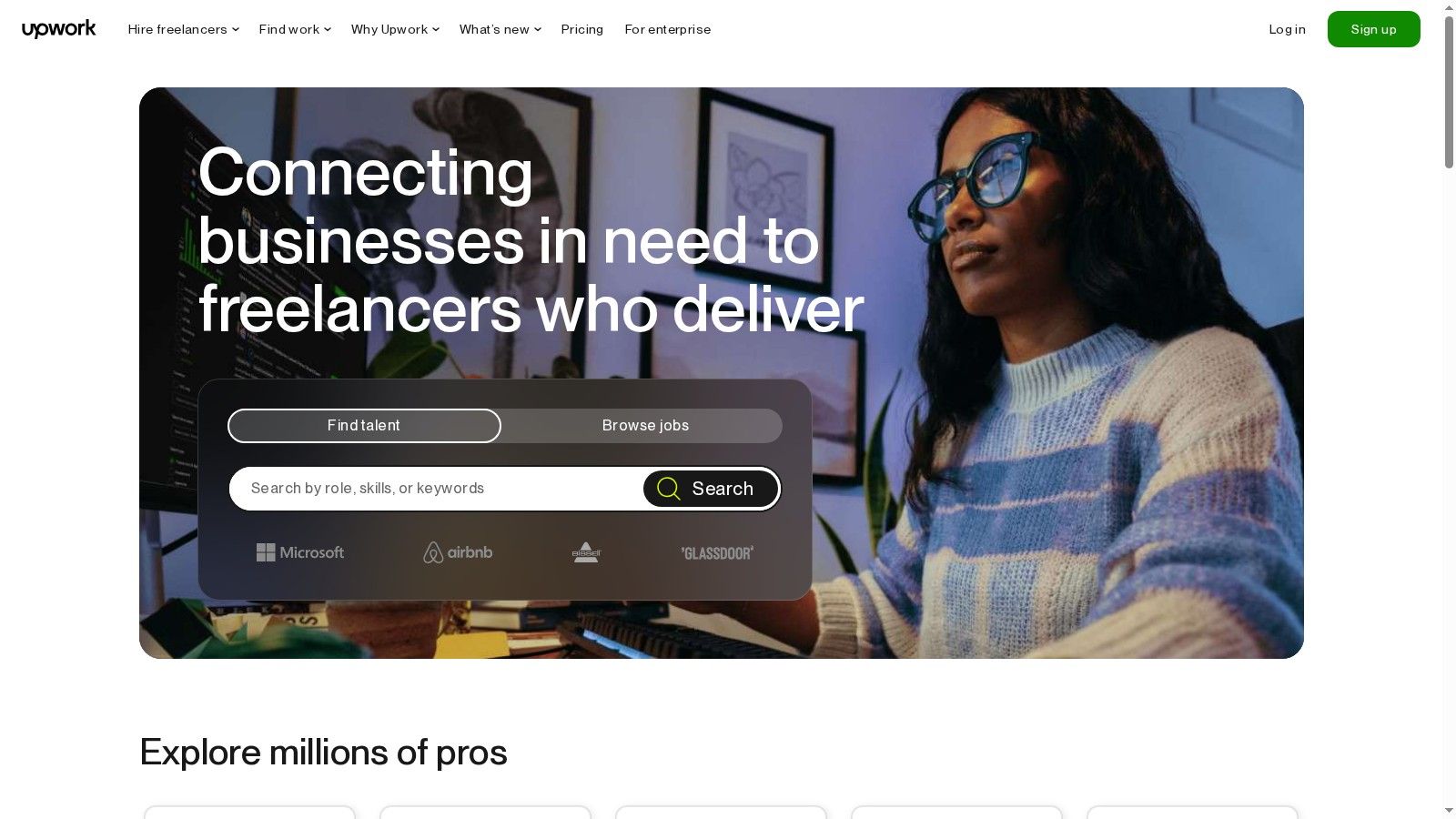 Upwork homepage showcasing freelance talent categories