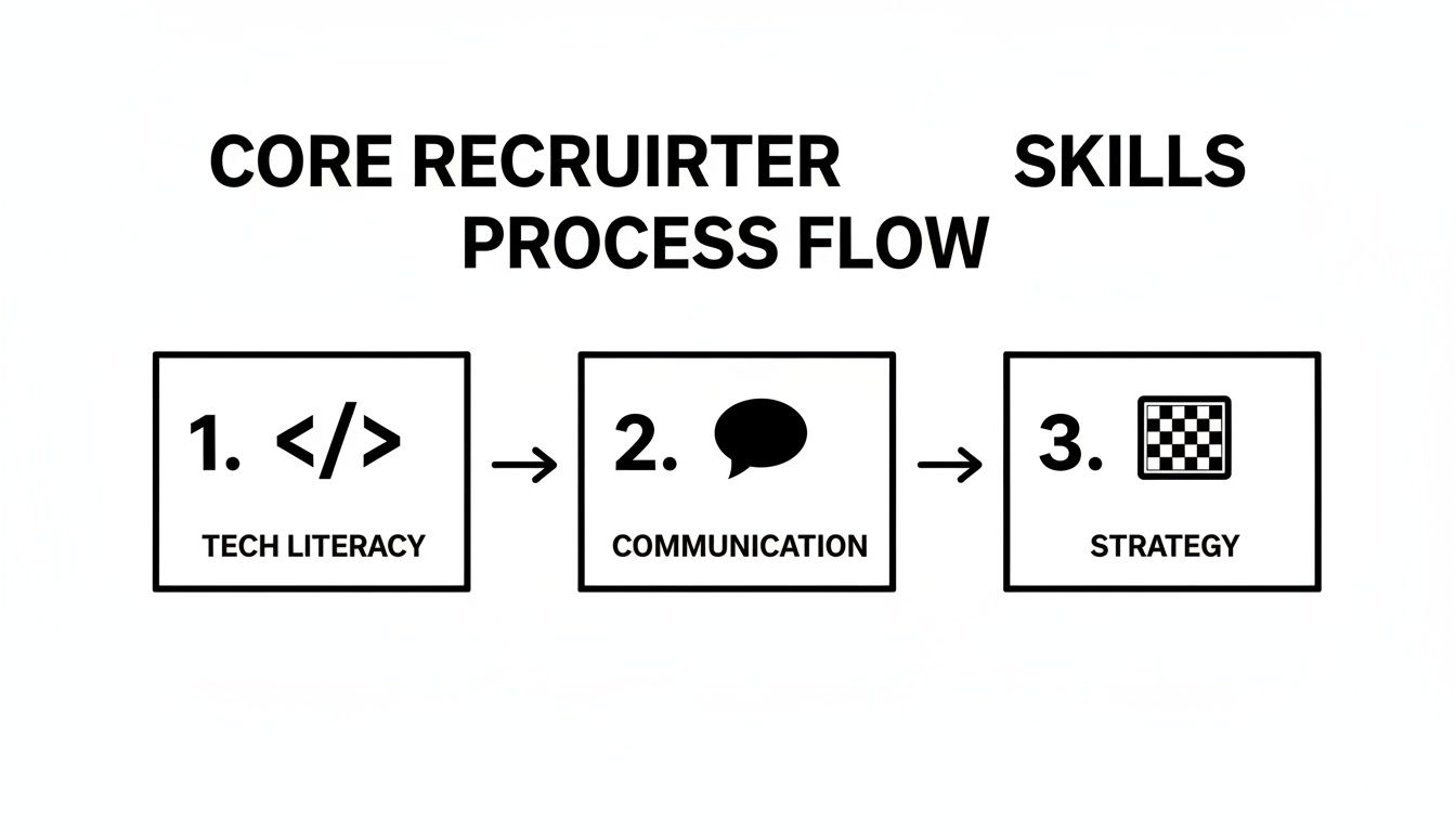 A flowchart detailing core recruiter skills: Tech Literacy, Communication, and Strategy, presented as a process flow.